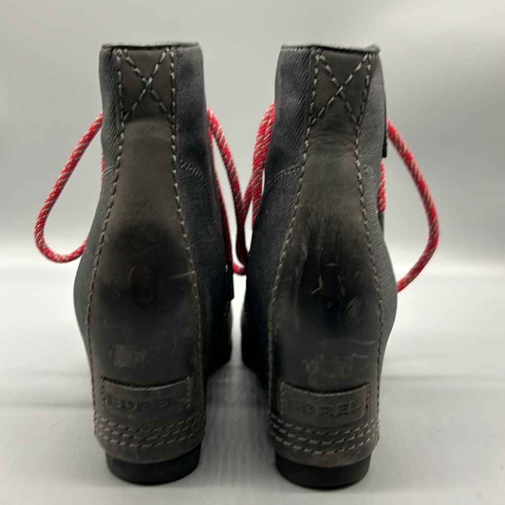 SOREL PDX GRAY LEATHER CANVAS LUG SOLE HIDDEN WEDGE HEEL LACE UP BOOT SIZE 8.5 - Picture 4 of 10